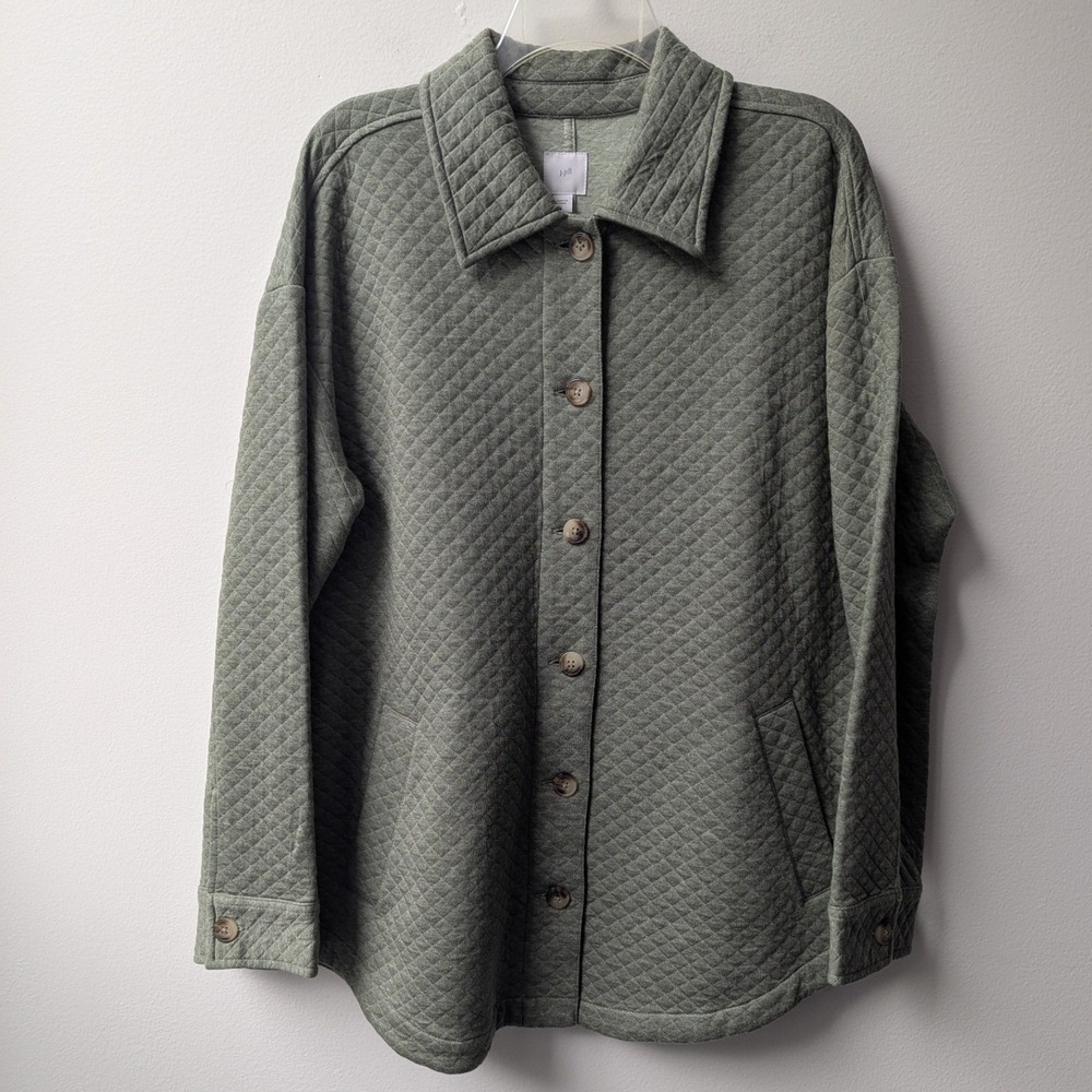 J. Jill Quilted Shirt Jacket Shacket Sage Green Button Front Cotton Blend Sz L